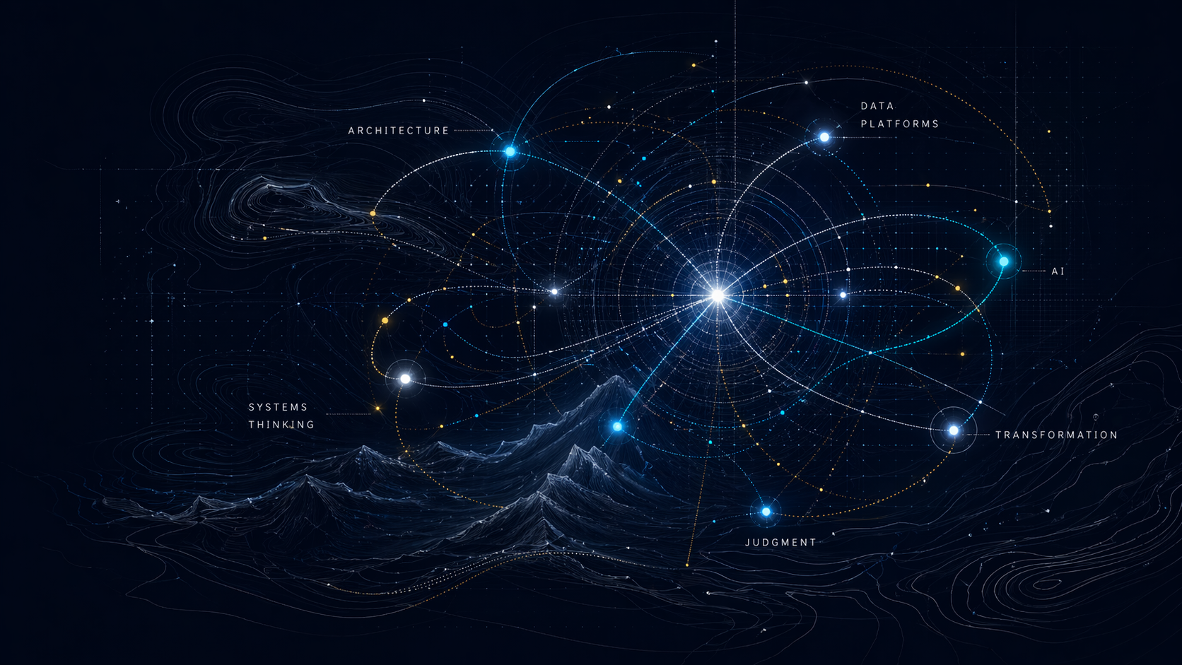 Dark constellation-style network visual representing architecture and systems thinking.